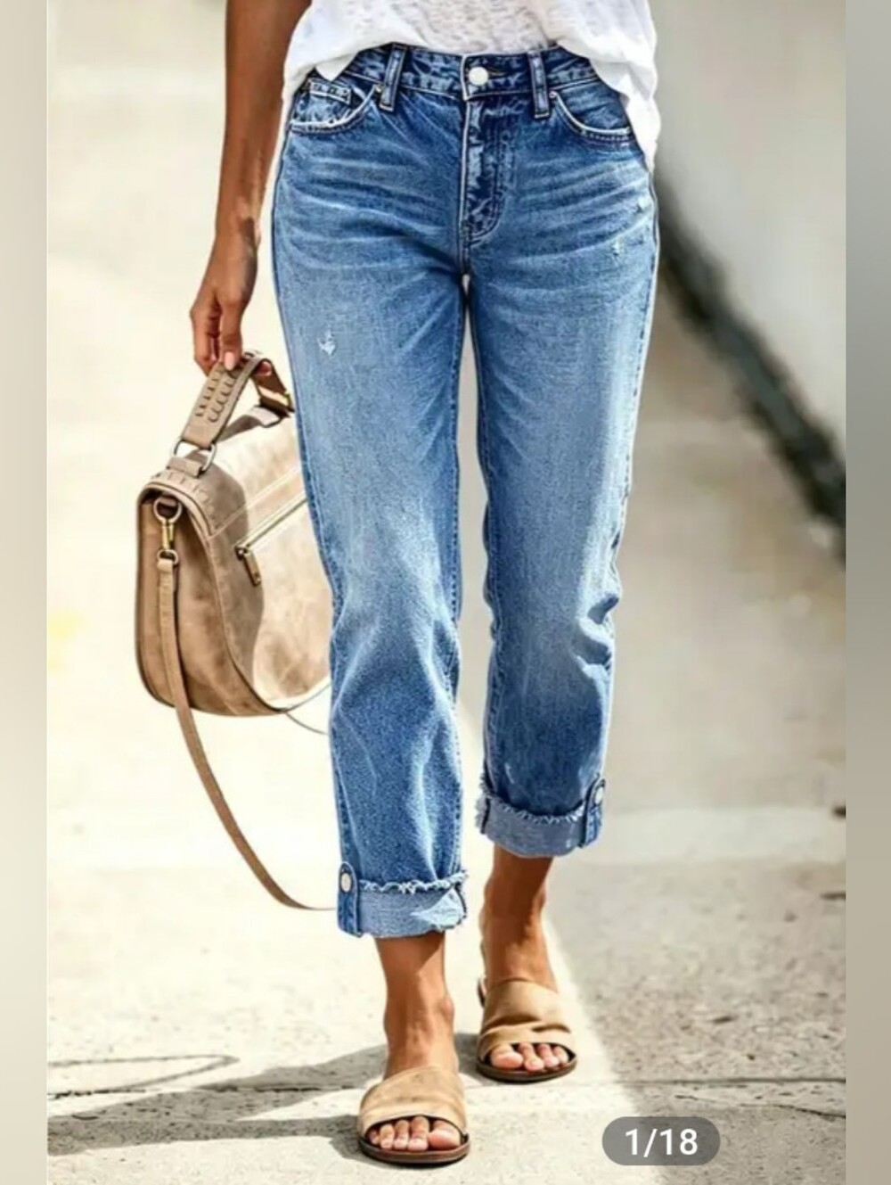 Flamingals Wash Button Tab Roll Hem Mid Waist Straight Leg Crop Jeans NWT